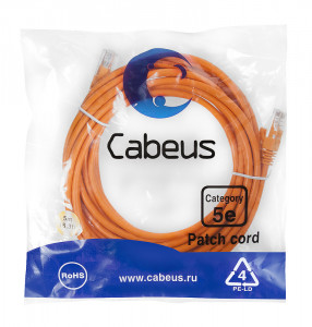 Cabeus PC-UTP-RJ45-Cat.5e-5m-OR-LSZH Патч-корд U/UTP, категория 5е, 2xRJ45/8p8c, неэкранированный, оранжевый, LSZH, 5м