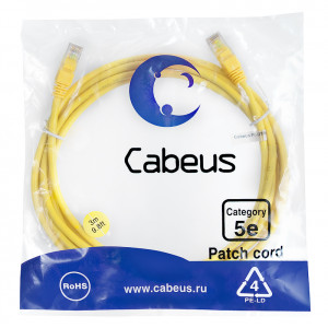 Cabeus PC-UTP-RJ45-Cat.5e-3m-YL Патч-корд U/UTP, категория 5е, 2xRJ45/8p8c, неэкранированный, желтый, PVC, 3м