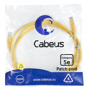 Cabeus PC-UTP-RJ45-Cat.5e-2m-YL Патч-корд U/UTP, категория 5е, 2xRJ45/8p8c, неэкранированный, желтый, PVC, 2м