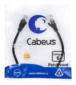 Cabeus PC-UTP-RJ45-Cat.6-0.3m-BK Патч-корд U/UTP, категория 6, 2xRJ45/8p8c, неэкранированный, черный, PVC, 0.3м