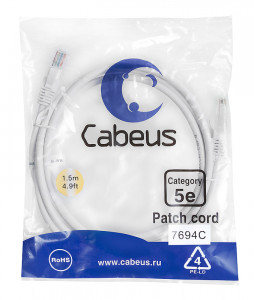 Cabeus PC-UTP-RJ45-Cat.5e-1.5m-WH-LSZH Патч-корд U/UTP, категория 5е, 2xRJ45/8p8c, неэкранированный, белый, LSZH, 1.5м