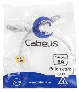 Cabeus PC-SSTP-RJ45-Cat.6a-0.5m-LSZH Патч-корд S/FTP, категория 6а (10G), 2xRJ45/8p8c, экранированный, серый, LSZH, 0.5м