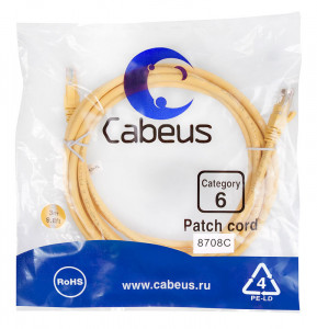 Cabeus PC-UTP-RJ45-Cat.6-3m-YL Патч-корд U/UTP, категория 6, 2xRJ45/8p8c, неэкранированный, желтый, PVC, 3м
