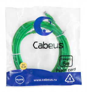 Cabeus PC-UTP-RJ45-Cat.5e-5m-GN-LSZH Патч-корд U/UTP, категория 5е, 2xRJ45/8p8c, неэкранированный, зеленый, LSZH, 5м
