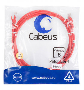 Cabeus PC-UTP-RJ45-Cat.6-2m-RD Патч-корд U/UTP, категория 6, 2xRJ45/8p8c, неэкранированный, красный, PVC, 2м