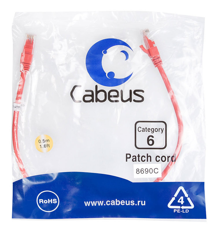 Cabeus PC-UTP-RJ45-Cat.6-0.5m-RD Патч-корд U/UTP, категория 6, 2xRJ45/8p8c, неэкранированный, красный, PVC, 0.5м