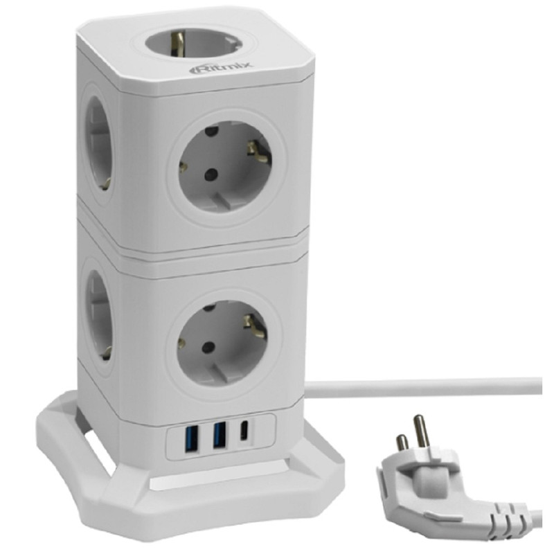 RITMIX RM-292C White Сетевой фильтр с кнопкой питания {16 А, 9 розеток, USB Type-C 30 Ватт и два USB A 5 В, 2,4А, 2 м } {80003364}