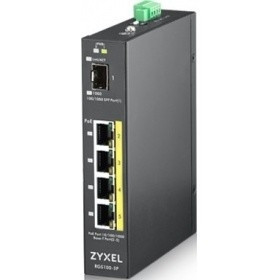 ZYXEL RGS100-5P-ZZ0101F Промышленный PoE+ коммутатор ZYXEL RGS100-5P, 4xGE PoE+, 1xSFP, крепление на стену/DIN-рейку, IP30, два источника питания DC, бюджет PoE 120 Вт