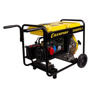 CHAMPION Генератор диз. DG6501E-3 { 400В 6,2/6,8кВА 8,9лс 12,5л 12V 103кг,эл.стартер,колеса,счетчик } 