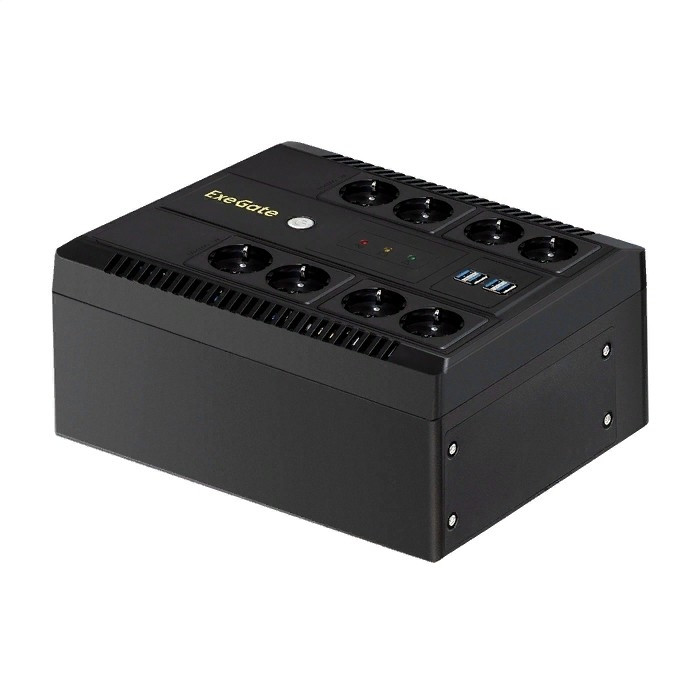 Exegate EX295011RUS ИБП ExeGate NEO NNB-650.LED.AVR.8SH.CH <650VA/390W, LED, AVR, 8*Schuko, 4*USB-порта для зарядки, Black>