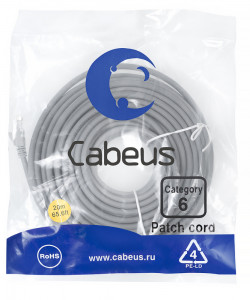 Cabeus PC-UTP-RJ45-Cat.6-20m-LSZH Патч-корд U/UTP, категория 6, 2xRJ45/8p8c, неэкранированный, серый, LSZH, 20м