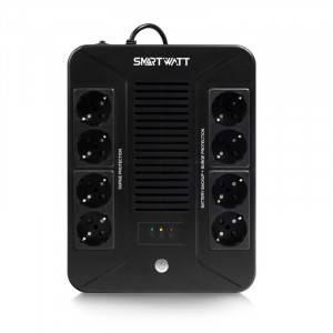 SMARTWATT UPS SAFE PRO 600 {линейно-интерактивный, 600/360 ВА/Вт, напольный/настенный, LED индикация, Shuko CEE7/4 - 8 шт. (4 шт. с резервным питанием, 4 шт. - сетевой фильтр}