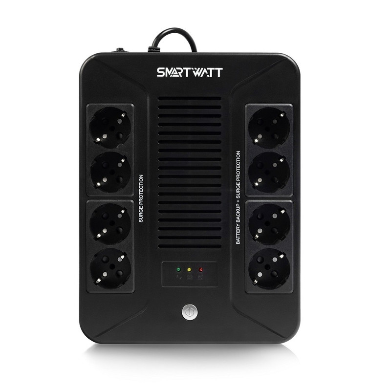 SMARTWATT UPS SAFE PRO 600 {линейно-интерактивный, 600/360 ВА/Вт, напольный/настенный, LED индикация, Shuko CEE7/4 - 8 шт. (4 шт. с резервным питанием, 4 шт. - сетевой фильтр}