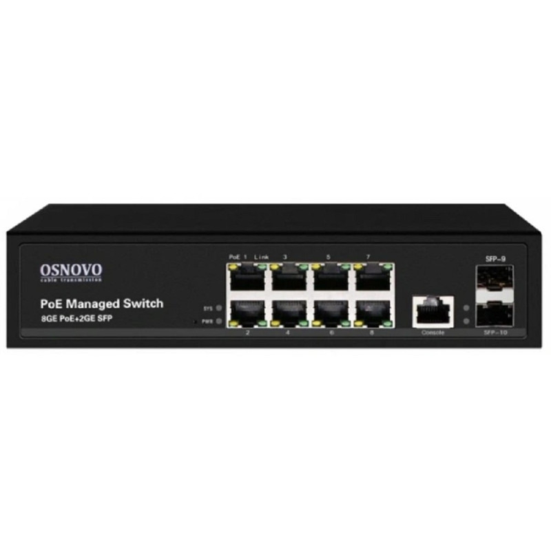 Коммутатор/ OSNOVO Гигабитный L2 PoE коммутатор на 10 портов, 8 *10/100/1000 Base-T PoE, 2*SFP 1000 Base-T, PoE на порт до 30W, суммарно до 150W (SW-80802/L(150W))