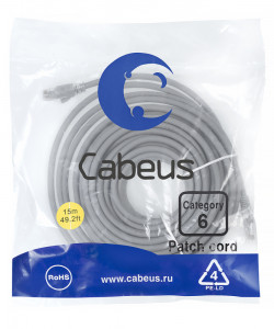 Cabeus PC-UTP-RJ45-Cat.6-15m-LSZH Патч-корд U/UTP, категория 6, 2xRJ45/8p8c, неэкранированный, серый, LSZH, 15м