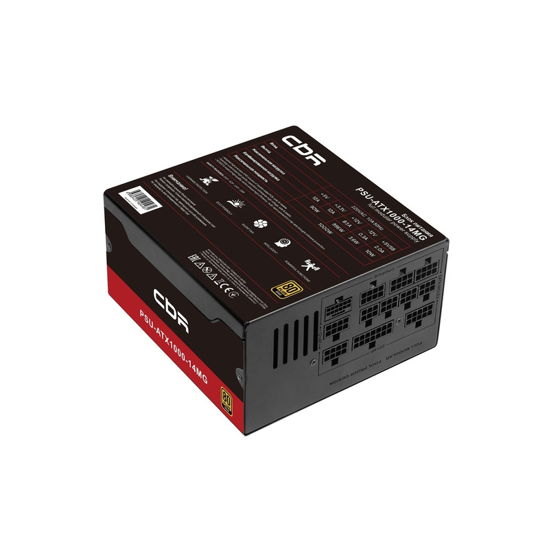 Блок питания CBR ATX 1000W 80+ Gold, Full Modular, DC-DC, APFC, 24pin, 1*PCIE5.1(12+4pin), 2*8-pin(4+4P), 3*6+2pin, 3*SATA, 5*IDE, 14cm fan, 1.5м кабель питания, черный [PSU-ATX1000-14MG/14GM] BOX