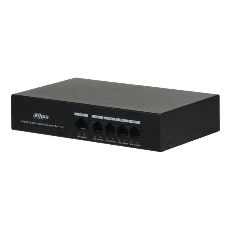 DAHUA DH-PFS3005-4ET-36 5-портовый неуправляемый коммутатор с РоЕ, 4xRJ45 100Mb PoE, 1xRJ45 100Mb, суммарно 36Вт, коммутация 1 Гбит/с, MAC-таблица 1К, металл