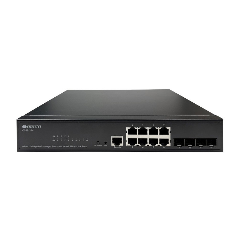 ORIGO OS5212P+/240W/A1A Управляемый L3 PoE-коммутатор 8x2.5GBase-T 802.3bt PoE, 4x10G SFP+, PoE-бюджет 240 Вт