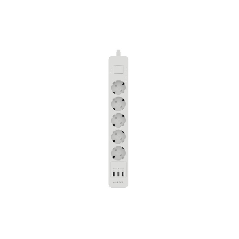 Harper Сетевой фильтр с USB зарядкой UCH-530 White (5 роз.,1,5м.,3 x USB 2.4A (max 3.4A), 4000W) {H00002264}