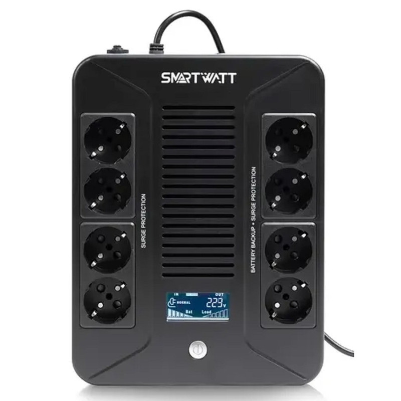 SMARTWATT UPS SAFE PRO LCD 1000 {линейно-интерактивный, 1000/600 ВА/Вт, напольный/настенный, LCD дисплей, Shuko CEE7/4 - 8 шт. (4 шт. с резервным питанием, 4 шт. - сетевой фильтр}