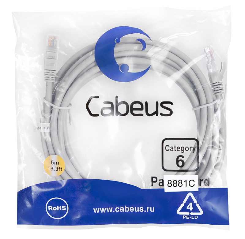 Cabeus PC-UTP-RJ45-Cat.6-5m-LSZH Патч-корд U/UTP, категория 6, 2xRJ45/8p8c, неэкранированный, серый, LSZH, 5м