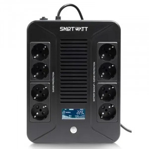 SMARTWATT UPS SAFE PRO LCD 600 {линейно-интерактивный, 600/360 ВА/Вт, напольный/настенный, LCD дисплей, Shuko CEE7/4 - 8 шт. (4 шт. с резервным питанием, 4 шт. - сетевой фильтр}