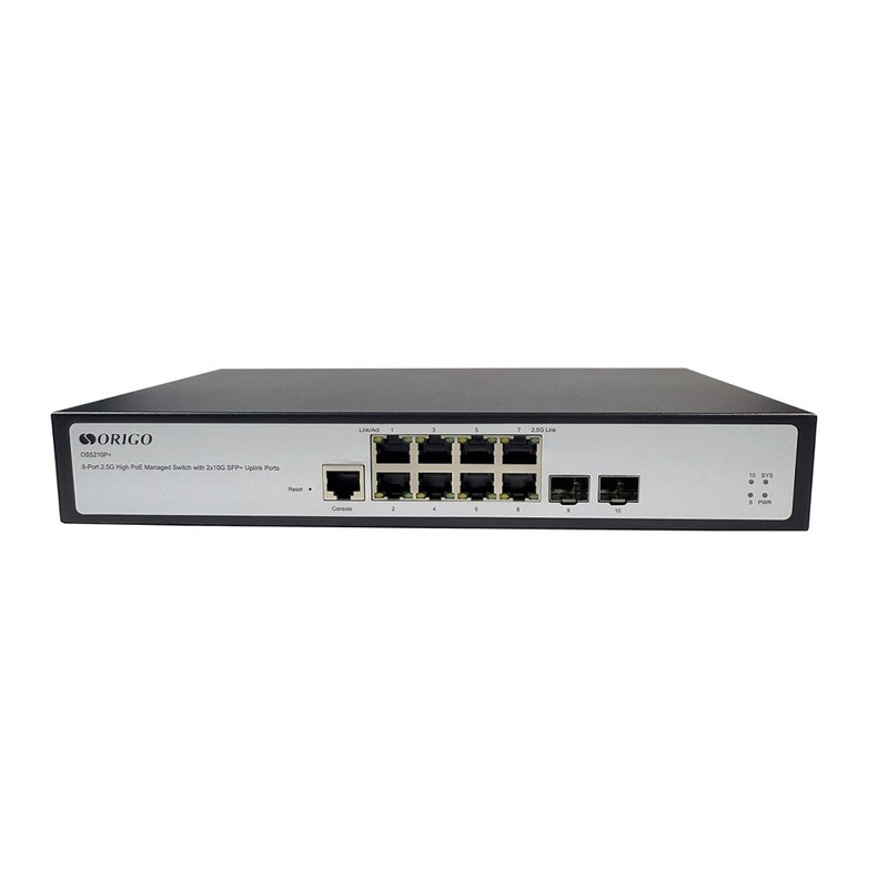 ORIGO OS5210P+/250W/A1A Управляемый L3 PoE-коммутатор 8x2.5GBase-T 802.3bt PoE, 2x10G SFP+, PoE-бюджет 370 Вт/250 Вт