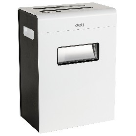 Шредер Deli E9903-EU белый/черный (секр.P-4) фрагменты 12лист. 23лтр. скрепки скобы пл.карты CD