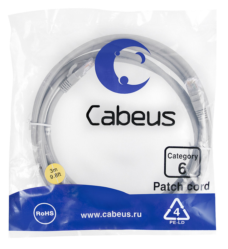 Cabeus PC-UTP-RJ45-Cat.6-3m Патч-корд U/UTP, категория 6, 2xRJ45/8p8c, неэкранированный, серый, PVC, 3м