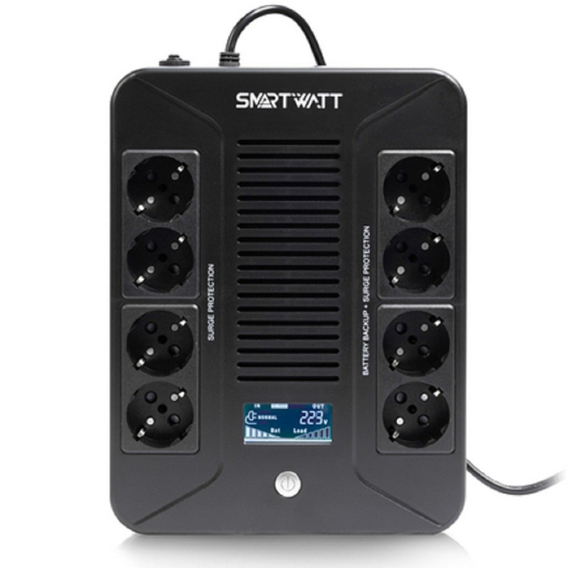 SMARTWATT UPS SAFE PRO LCD 800 {линейно-интерактивный, 800/480 ВА/Вт, напольный/настенный, LCD дисплей, Shuko CEE7/4 - 8 шт. (4 шт. с резервным питанием, 4 шт. - сетевой фильтр}