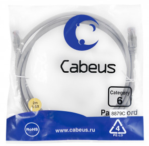 Cabeus PC-UTP-RJ45-Cat.6-2m-LSZH Патч-корд U/UTP, категория 6, 2xRJ45/8p8c, неэкранированный, серый, LSZH, 2м
