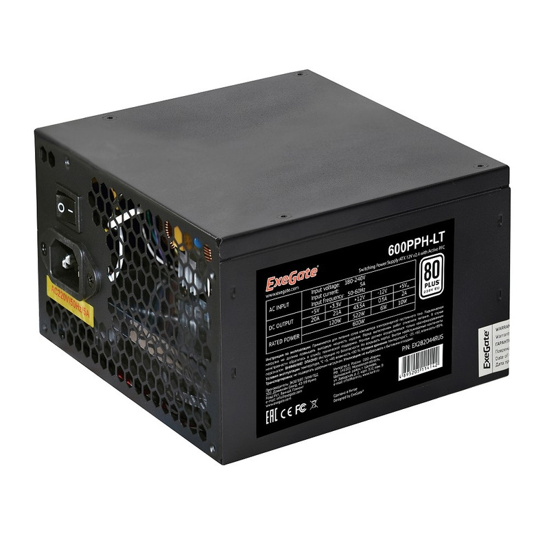 Exegate EX282044RUS Блок питания 600W Exegate 600PPH-LT,  80+, RTL, ATX, black, APFC, 12cm, 24p, (4+4)p, 5*SATA, 3*IDE