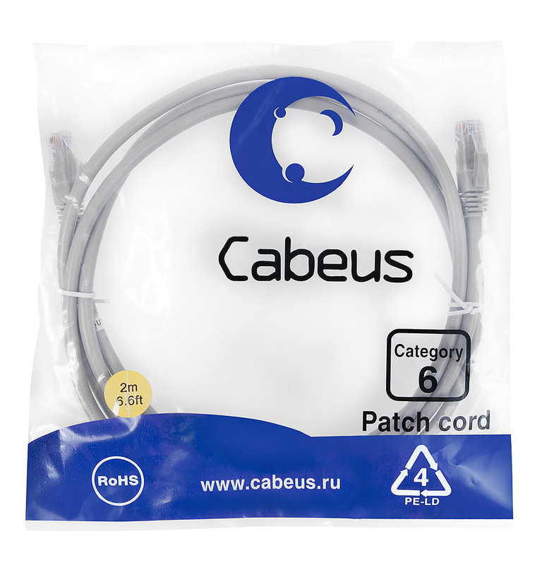 Cabeus PC-UTP-RJ45-Cat.6-2m Патч-корд U/UTP, категория 6, 2xRJ45/8p8c, неэкранированный, серый, PVC, 2м