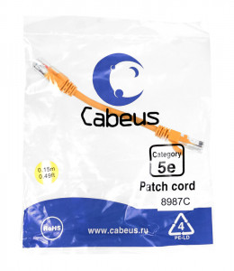 Cabeus PC-UTP-RJ45-Cat.5e-0.15m-OR-LSZH Патч-корд U/UTP, категория 5е, 2xRJ45/8p8c, неэкранированный, оранжевый, LSZH, 0.15м