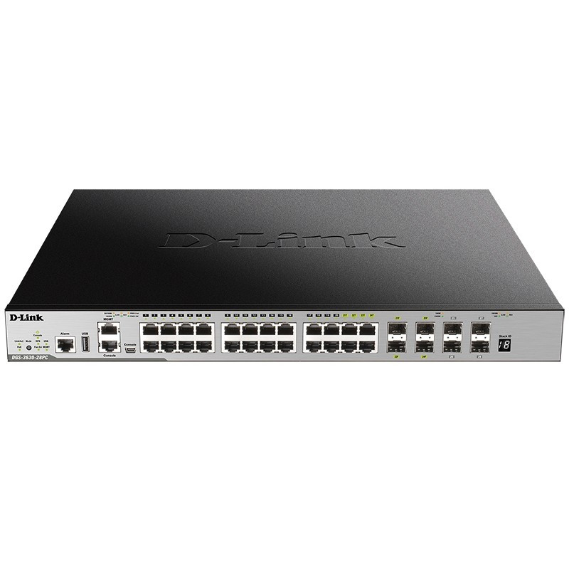 D-Link DGS-3630-28PC/A2ASI Управляемый стекируемый коммутатор 3 уровня с 20 портами 10/100/1000Base-T, 4 комбо-портами 100/1000Base-T/SFP и 4 портами 10GBase-X SFP+