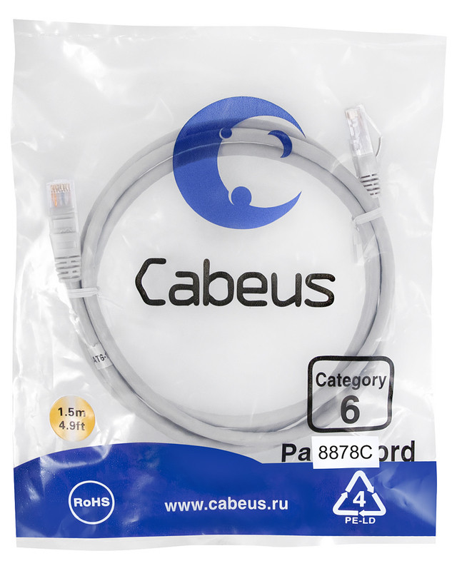 Cabeus PC-UTP-RJ45-Cat.6-1.5m-LSZH Патч-корд U/UTP, категория 6, 2xRJ45/8p8c, неэкранированный, серый, LSZH, 1.5м