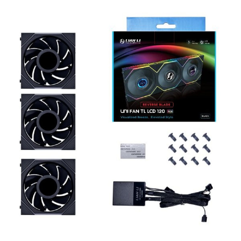 Lian Li G99.12RTLLCD3B.R0 Комплект вентиляторов (3шт.) UNI FAN TL LCD 120 Reverse Black /12RTLLCD3B/ 120х125х28мм (1.6” LCD дисплей, PWM, ARGB, 200-1900 об/мин, 31dBa) 