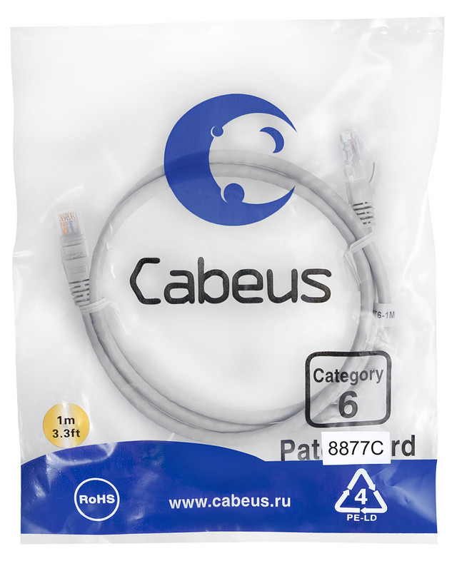 Cabeus PC-UTP-RJ45-Cat.6-1m-LSZH Патч-корд U/UTP, категория 6, 2xRJ45/8p8c, неэкранированный, серый, LSZH, 1м