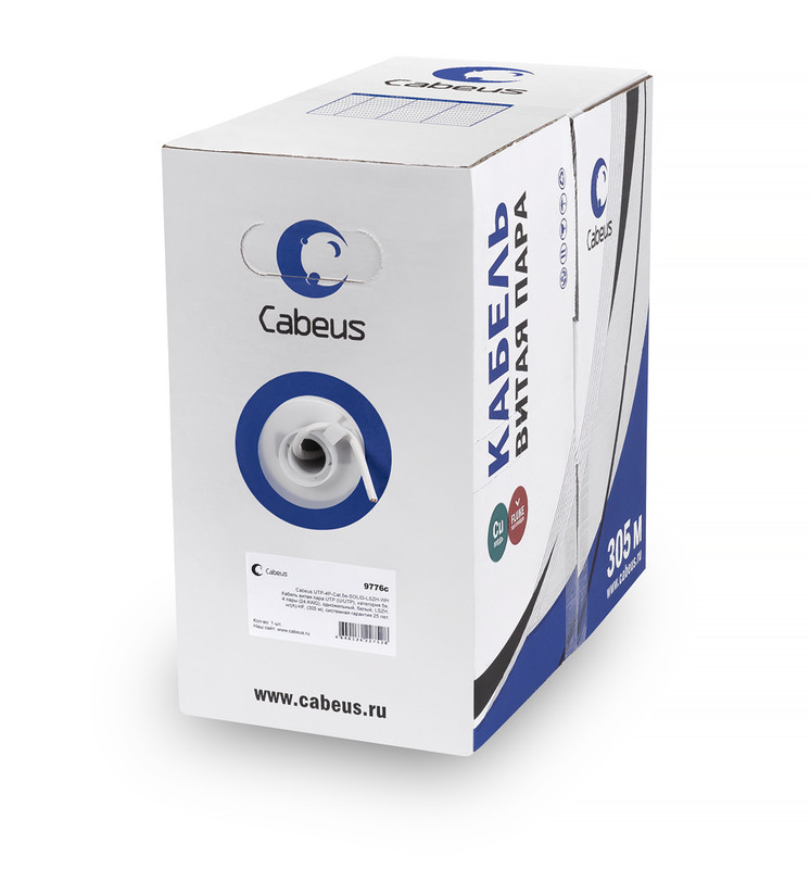 Cabeus UTP-4P-Cat.5e-SOLID-LSZH-GY Кабель витая пара UTP (U/UTP), категория 5e, 4 пары (24 AWG), одножильный, серый, LSZH, нг(А)-HF, (305 м)