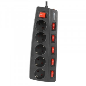 Filum Сетевой фильтр FL-SPL5-1.8M-BL, 2500 Вт., 5 розеток, защитные шторки, инд. выключатели, шнур 1.8 м., черный {00-01095523}