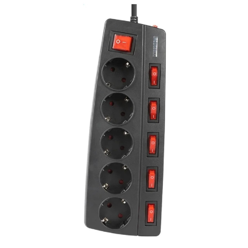 Filum Сетевой фильтр FL-SPL5-1.8M-BL, 2500 Вт., 5 розеток, защитные шторки, инд. выключатели, шнур 1.8 м., черный {00-01095523}