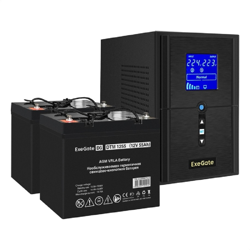 Exegate EX296796RUS Комплект ИБП EX295987RUS + батарея 55Ач EX285667RUS 2шт (инвертор, синус, для котла) SineTower SZ-1000.LCD.AVR.2SH.1C13.USB <1000VA/800W, чистый синусоида, LCD дисплей, AVR, 2*Schu