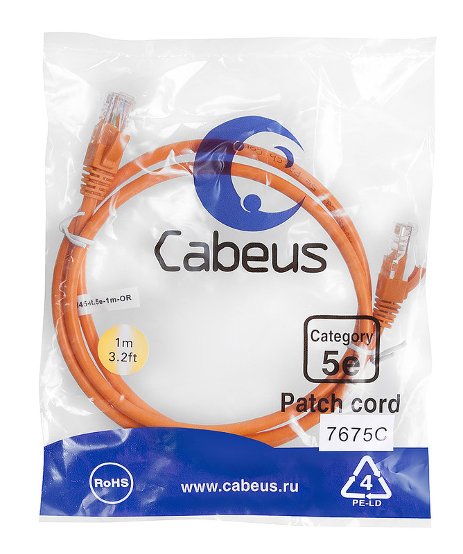 Cabeus PC-UTP-RJ45-Cat.5e-1m-OR Патч-корд U/UTP, категория 5е, 2xRJ45/8p8c, неэкранированный, оранжевый, PVC, 1м