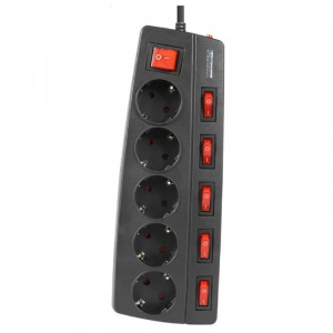 Filum Сетевой фильтр FL-SPL5-3.0M-BL, 2500 Вт., 5 розеток, защитные шторки, инд. выключатели, шнур 3.0 м., черный {00-01095524}