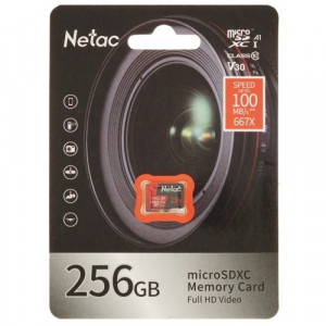 Micro SecureDigital 256GB Netac P500 Extreme Pro MicroSDXC V30/A1/C10 up to 100MB/s, retail pack card only