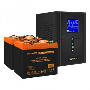 Exegate EX296797RUS Комплект ИБП EX295987RUS + батарея 55Ач EX285652RUS 2шт (инвертор, синус, для котла) SineTower SZ-1000.LCD.AVR.2SH.1C13.USB <1000VA/800W, чистый синусоида, LCD дисплей, AVR, 2*Schu
