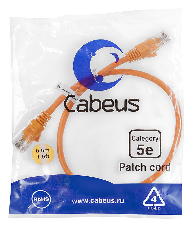 Cabeus PC-UTP-RJ45-Cat.5e-0.5m-OR Патч-корд U/UTP, категория 5е, 2xRJ45/8p8c, неэкранированный, оранжевый, PVC, 0.5м