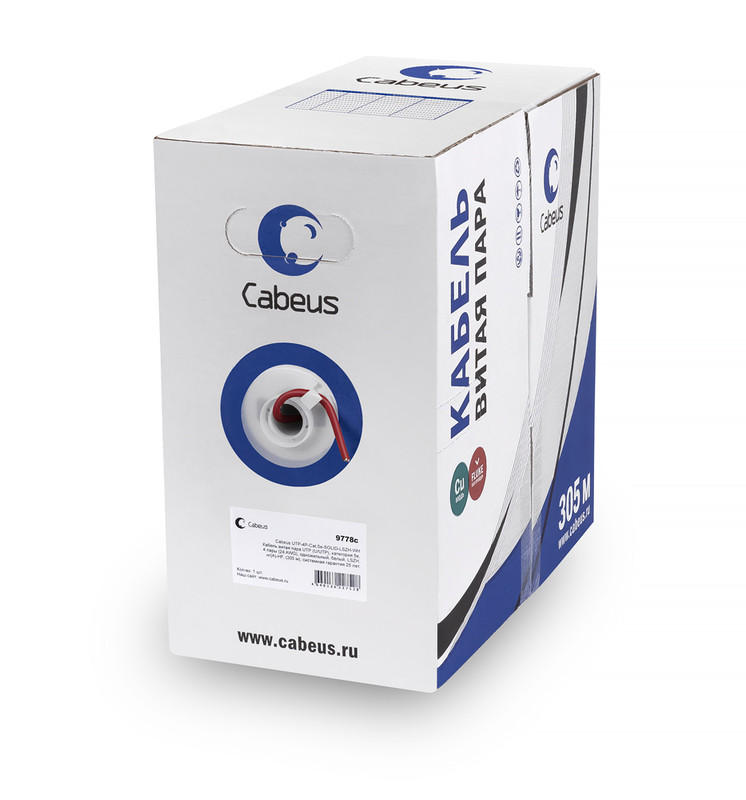 Cabeus UTP-4P-Cat.5e-SOLID-LSZH-RD Кабель витая пара UTP (U/UTP), категория 5e, 4 пары (24 AWG), одножильный, красный, LSZH, нг(А)-HF, (305 м)
