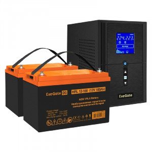 Exegate EX296805RUS Комплект ИБП EX295987RUS + батарея 100Ач EX285656RUS 2шт (инвертор, синус, для котла) SineTower SZ-1000.LCD.AVR.2SH.1C13.USB <1000VA/800W, чистый синусоида, LCD дисплей, AVR, 2*Sch