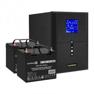 Exegate EX296837RUS Комплект ИБП EX295989RUS + батарея 33Ач EX282974RUS 2шт (инвертор, синус, для котла) SineTower SZ-2000.LCD.AVR.3SH.1C13.USB <2000VA/1600W, чистый синусоида, LCD дисплей, AVR, 3*Sch